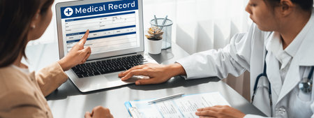Doctor show medical diagnosis report on laptop and providing compassionate healthcare consultation...