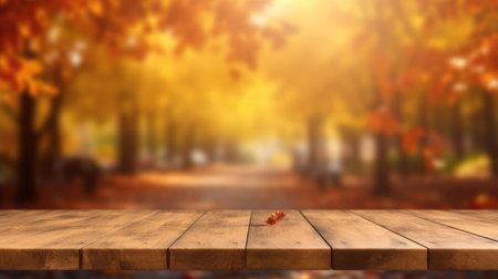 The empty wooden table top with blur background of autumn. Generative AI image AIG30.の素材
