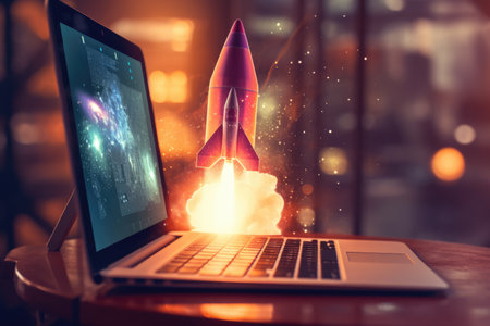 Rocket coming out of desktop computer screen. beautiful Generative AI AIG32の素材