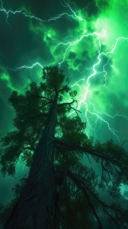 The vertical photo of lightning with green towering trees in the forest. Generative AI AIG27.の素材