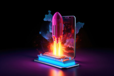 Rocket coming out of smartphone screen , neon light. beautiful Generative AI AIG32の素材