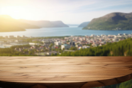 The empty wooden brown table top with blur background of Norway in summer. Exuberant image.の写真素材