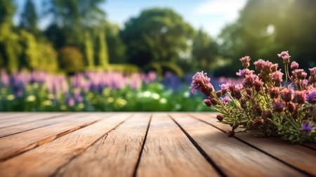 The empty wooden table top with blur background of English garden. Generative AI image AIG30.の素材