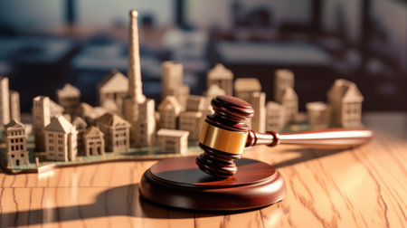 A gavel on a table with dense city architectural model in blur background. beautiful Generative AI AIG32の素材