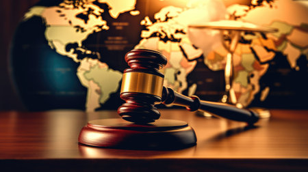 gavel of law on table top, with world map in blur background. beautiful Generative AI AIG32の素材