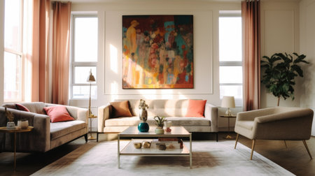 The clean and minimal interior design of living room in bright tone with the colorful and vintage painting. Generative AI AIG27.の素材