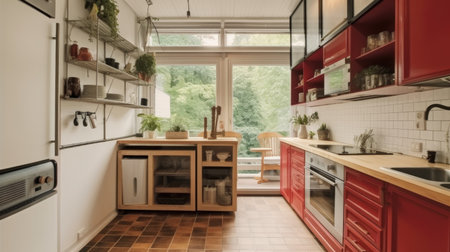 The interior design of a cozy kitchen with a dining table in a small apartment. Generative AI AIG27.の素材