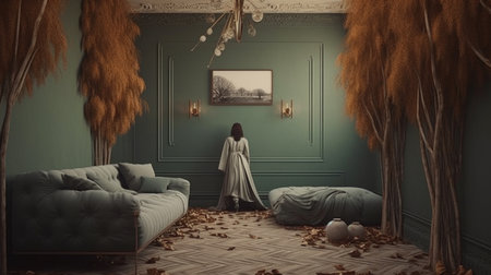 Interior design of a dark green living room with a mysterious nature style. Generative AI AIG27.の素材