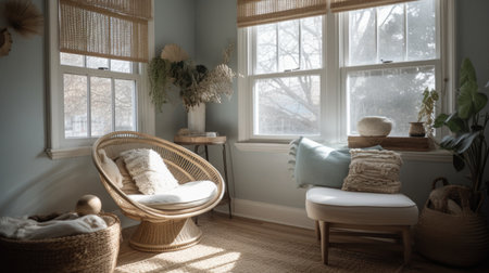 Living room decor, home interior design . Coastal Bohemian style with Bay Window decorated with Rattan and Linen material . Generative AI AIG26.の素材