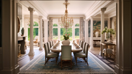 The interior design of classic dining room in luxury mansion with nature view. Generative AI AIG27.の素材