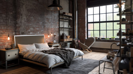 Foto de Bedroom decor, home interior design . Industrial Urban style with Exposed Brick Wall decorated with Concrete and Metal material . Generative AI AIG26. - Imagen libre de derechos