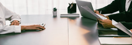 Candidate and interviewers discuss work experience and qualifications in friendly job interview at corporate office. HR team evaluates job application while interviewee explaining profile. Prodigyの写真素材