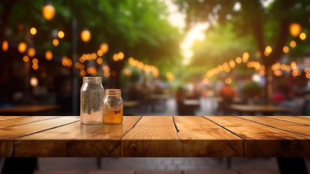 The empty wooden table top with blur background of outdoor cafe. Generative AI image AIG30.の素材