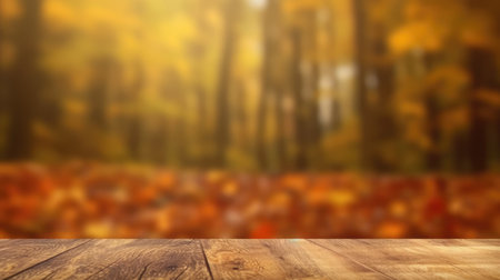 The empty rustic wooden table for product display with blur background of autumn forest. Exuberant...