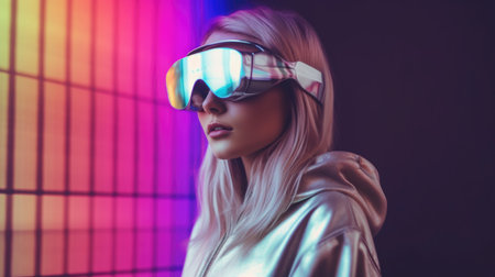 Beautiful model with colorful and trendy outfit with glowing colorful light, colorful dyed hair and fashionable glitch core teenager girl wearing VR. Picturesque generative AIの素材