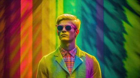 Young male model posing with trendy man fashion outfit in colorful rainbow in forest background. Picturesque generative AIの素材