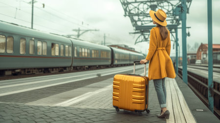 Woman travel with trendy summer fashion cloth with her bag in train station, holiday trip and vacation in modern lifestyle concept with train. Picturesque generative AIの素材