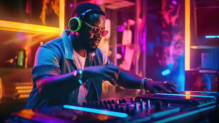 candid an excited DJ young african man mixing music at turntables with headphones. beautiful Generative AI AIG32の素材