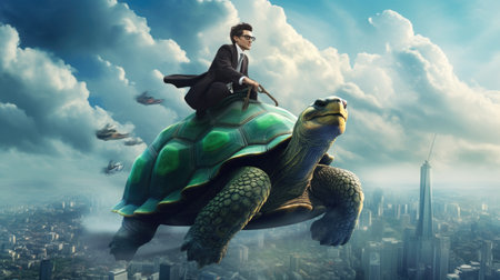 A businessman riding on a giant turtle above city skyline. Generative AI AIG27.の素材