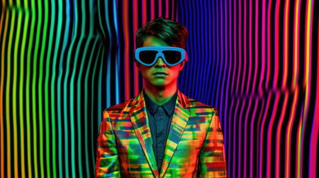 Young male model wearing VR posing with trendy man fashion outfit and colorful red optical art abstract background. Picturesque generative AIの素材