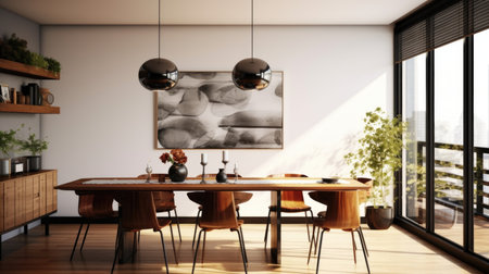 Interior design inspiration of Mid-Century Modern Minimalist style home dining room loveliness decorated with Wood and Steel material and Pendant Light .Generative AI home interior design .の素材
