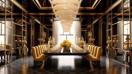 Interior design inspiration of Art Deco Glam style home dining room loveliness decorated with Gold and Velvet material and Ceiling detail .Generative AI home interior design .の素材