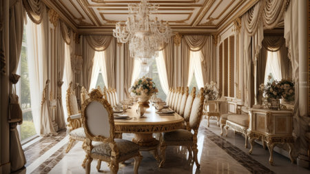 Interior design inspiration of Traditional Classic style home dining room loveliness decorated with Wood and Marble material and Centerpiece .Generative AI home interior design .の素材