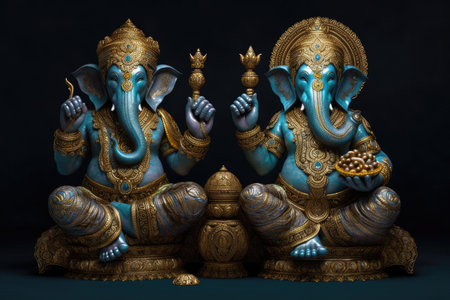 the ganeshas are pictured in their sitting pose, with gold plated hands & arms. beautiful Generative AI AIG32の素材