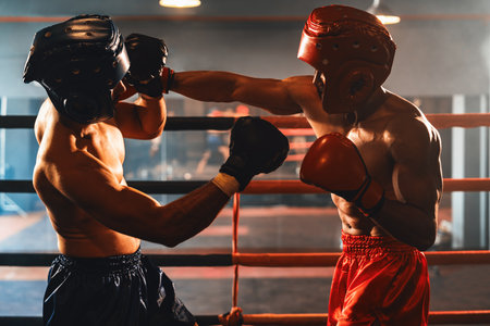 Two athletic and muscular body boxers with safety helmet or boxing head guard face off in fierce boxing match. Boxing fighter competitor fighting in the boxing ring. Impetusの写真素材
