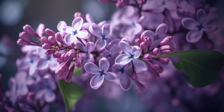 The close up of blooming lilac flowers with blur background. Generative AI AIG27.の素材