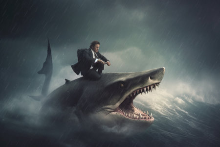 A businessman riding a great shark in storm. Generative AI AIG27.の素材