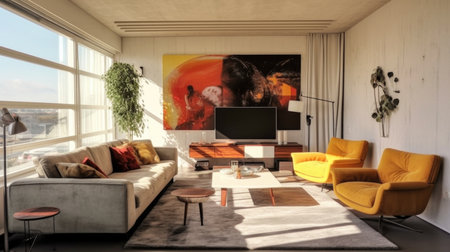 A stylish modern living room interior design with vivid and warm tone colors in the apartment. Generative AI AIG27.の素材