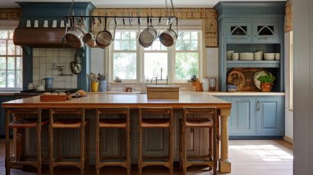 The modern interior design of country style kitchen and dining table with blue tone cabinet and painted wall. Generative AI AIG27.の素材