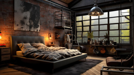 Bedroom decor, home interior design . Industrial Rustic style with Exposed Brick Wall decorated with Metal and Wood material . Generative AI AIG26.の素材