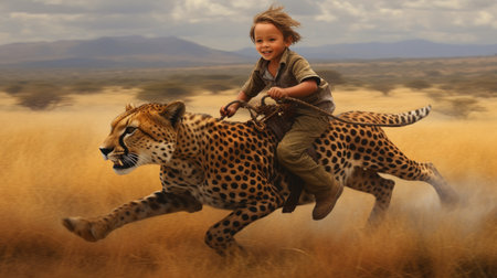 A little boy riding on a cheetah, running fast speed across a vast savannah. Generative AI AIG27.の素材