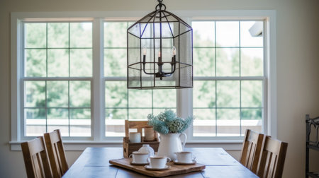 Interior design inspiration of Modern Farmhouse Rustic style home dining room loveliness decorated with Wood and Metal material and Cage Chandelier .Generative AI home interior design .の素材