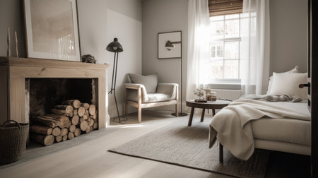 Bedroom decor, home interior design . Scandinavian Rustic style with Fireplace decorated with Wood and Stone material . Generative AI AIG26.の素材