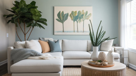 Living room decor, home interior design . Coastal Modern style with Large Artwork decorated with Rattan and Concrete material . Generative AI AIG26.の素材