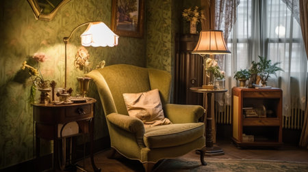 Bedroom decor, home interior design . Art Nouveau Vintage style with Wallpaper decorated with Wood and Brass material . Generative AI AIG26.の素材