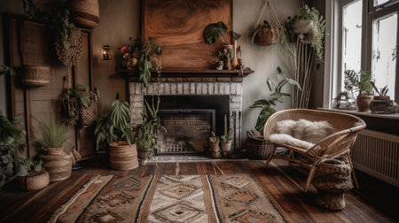 Living room decor, home interior design . Rustic Bohemian style with Fireplace decorated with Wood and Textiles material . Generative AI AIG26.の素材