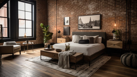 Bedroom decor, home interior design . Industrial Mid-Century Modern style with Exposed Brick Wall decorated with Metal and Wood material . Generative AI AIG26.の素材