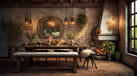 Interior design inspiration of Farmhouse Rustic style home dining room loveliness decorated with Brick and Leather material and Fireplace .Generative AI home interior design .の素材