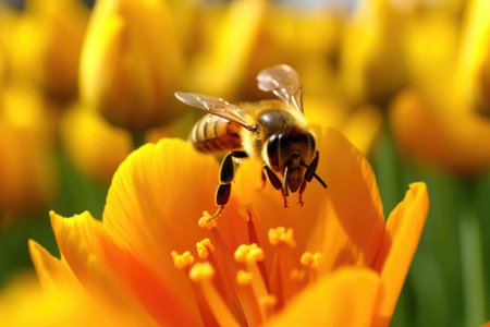 The macro photography of a honey bee approaches a tulip in full bloom on a summer day. Generative AI AIG27.の素材