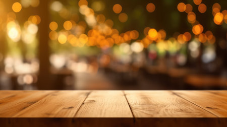 The empty wooden table top with blur background of outdoor cafe in the morning. Exuberant image.