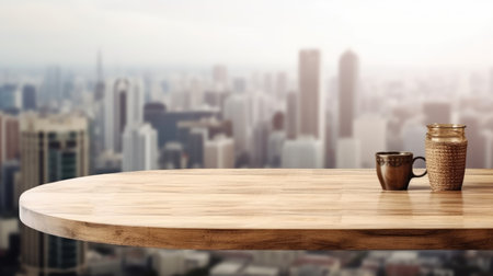 The wooden table top with blur background of modern office interior with cityscape in the morning. Generative AI image AIG30.の素材