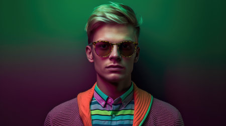 Young male model posing with trendy man fashion outfit and colorful green optical art abstract background. Picturesque generative AIの素材
