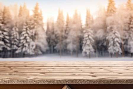 The empty wooden table top with blur background of winter in Finland. Generative AI image AIG30.の素材