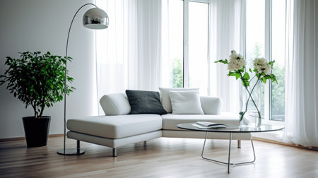 Living room decor, home interior design . Modern Minimalist style with Large Window decorated with Glass and Metal material . Generative AI AIG26.の素材