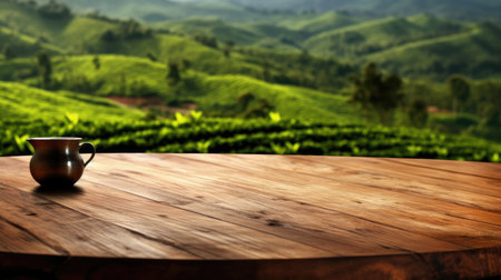 The empty wooden table top with blur background of tea plantation. Generative AI image AIG30.の素材