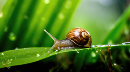 photo of a snail, macro photography , stream of fresh water, young green plant, outdoor springtime. beautiful Generative AI AIG32の素材